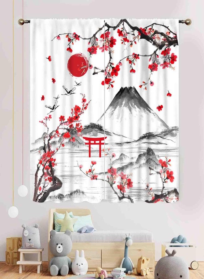TKUYO Japanese Curtains, Traditional Ink Painting Red Floral Plum Cherry Blossom Asian Style Nature Mountains Landscape Window Drapes for Bedroom Living Room Kitchen Bathroom 2 Panels, 42"x45" Inch - Image 3